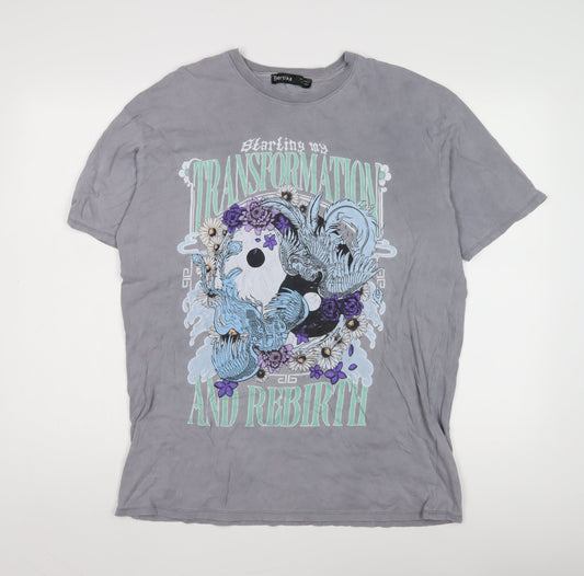 Bershka Women's Grey Cotton T-Shirt, Medium, Casual