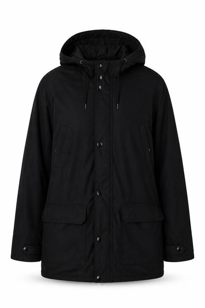 Front view of Livergy unisex black parka jacket, size 12, hooded, zip/button