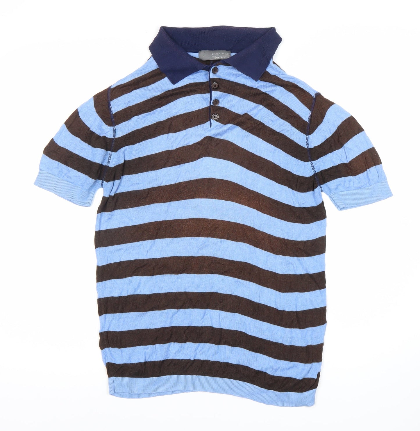 Zara Men's Blue Striped Polo Shirt