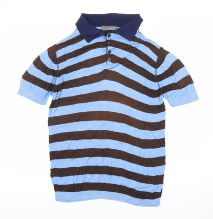 Zara Men's Blue Striped Polo Shirt