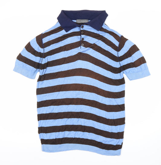 Zara Men's Blue Striped Polo Shirt