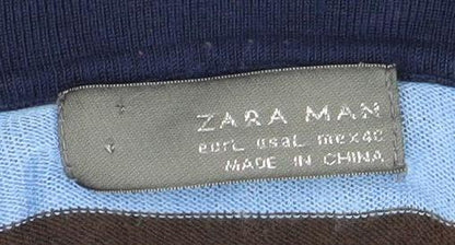 Zara Men's Blue Striped Polo Shirt