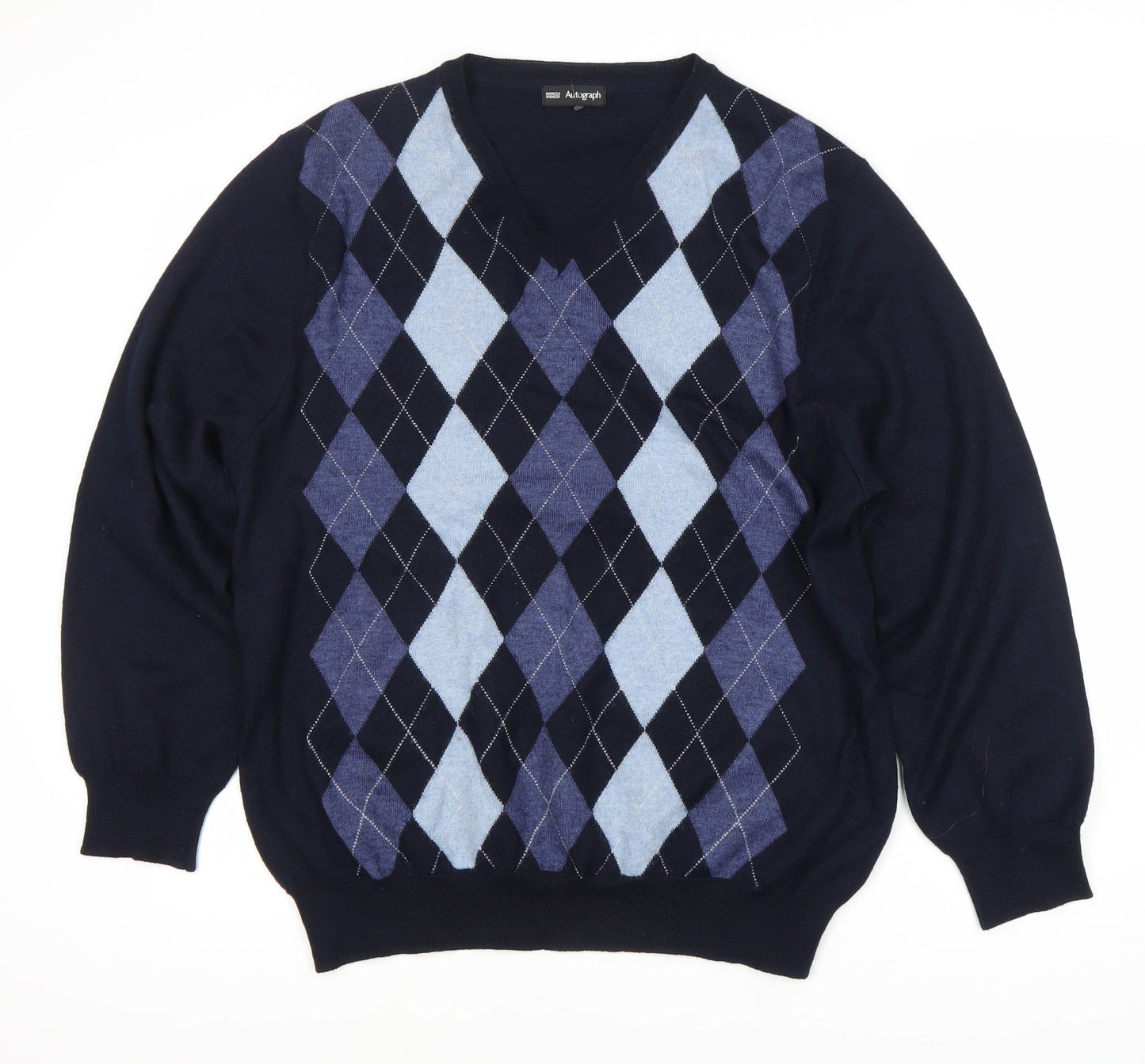 Marks and Spencer Men’s Blue Argyle V-Neck Jumper XL