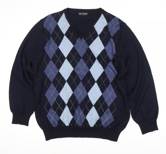 Marks and Spencer Men’s Blue Argyle V-Neck Jumper XL