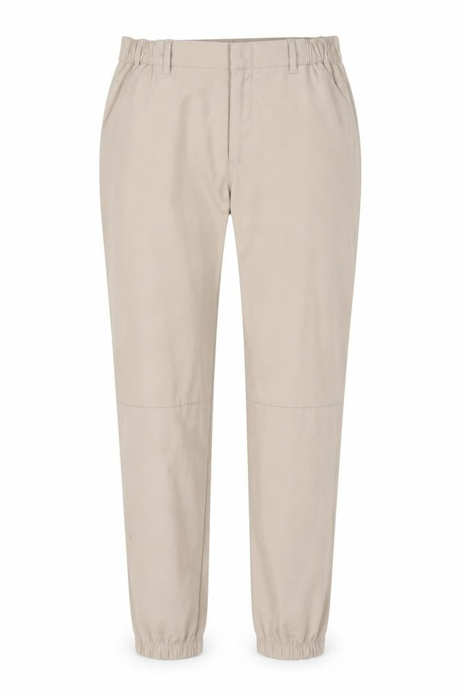Front view of Cuts unisex beige tapered trousers l polyester