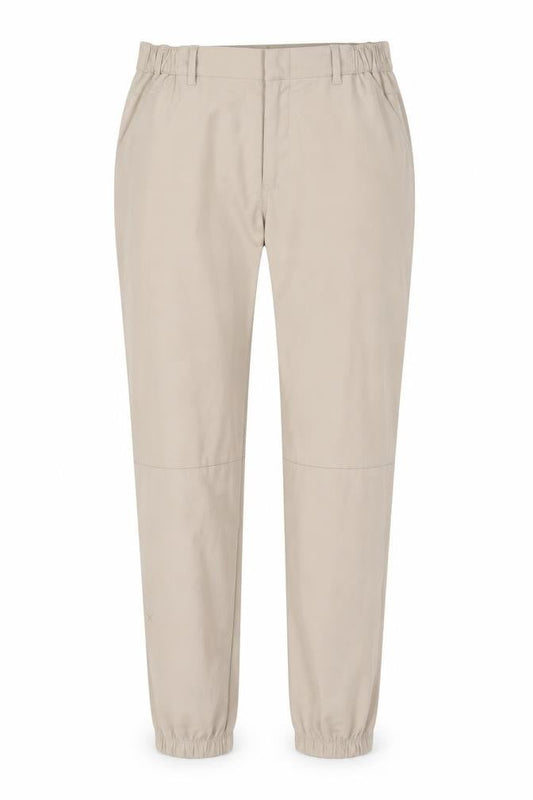 Front view of Cuts unisex beige tapered trousers l polyester