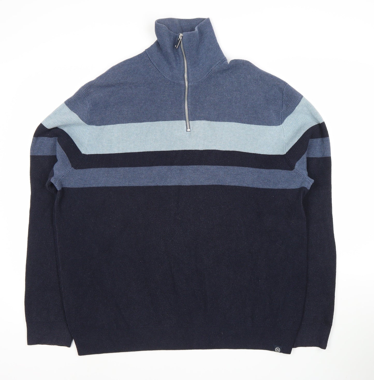 Marks and Spencer Men's Blue 2XL Full Zip Striped Jumper