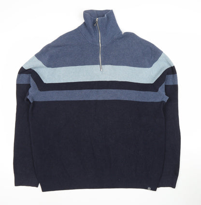 Marks and Spencer Men's Blue 2XL Full Zip Striped Jumper