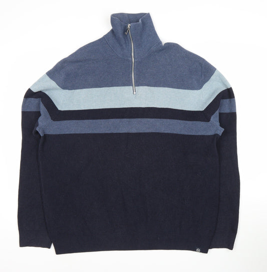Marks and Spencer Men's Blue 2XL Full Zip Striped Jumper