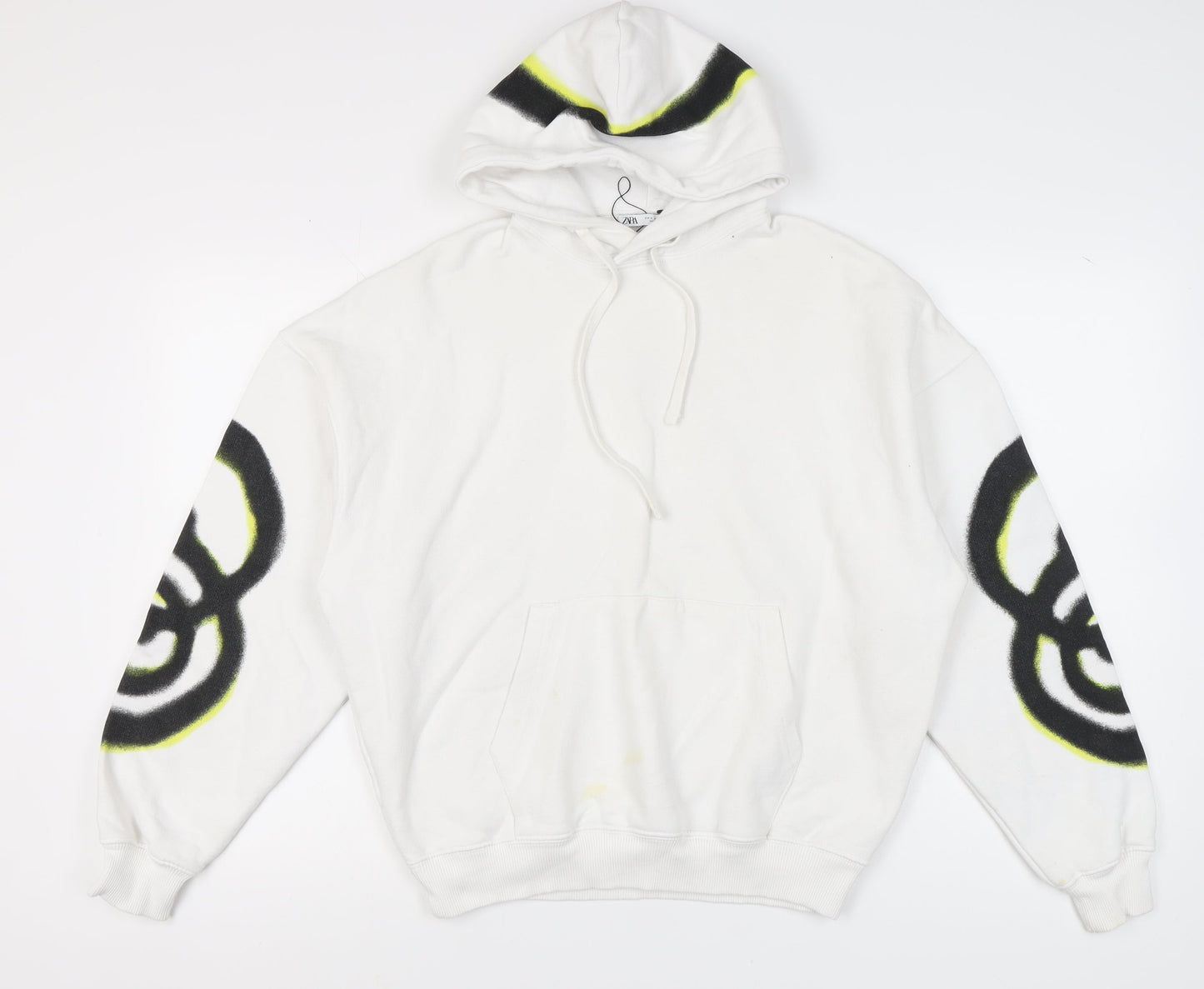 Zara Unisex White Pullover Hoodie, Size S, Cotton Blend