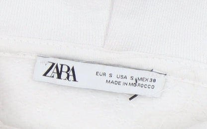 Zara Unisex White Pullover Hoodie, Size S, Cotton Blend