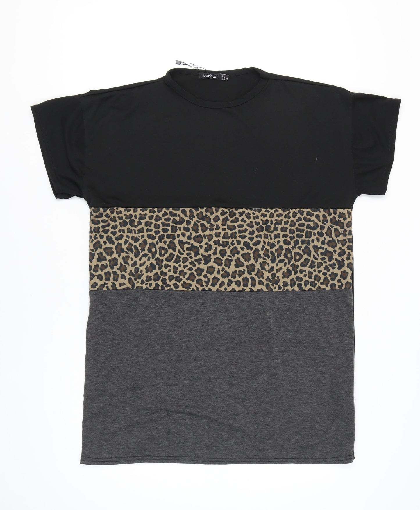 Boohoo Women's Black Beige Animal Print T-Shirt Size 16