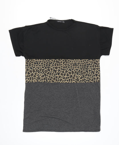 Boohoo Women's Black Beige Animal Print T-Shirt Size 16