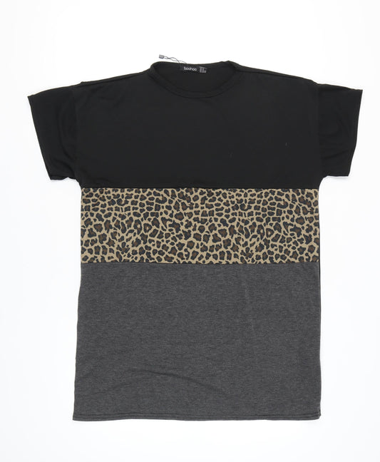 Boohoo Women's Black Beige Animal Print T-Shirt Size 16