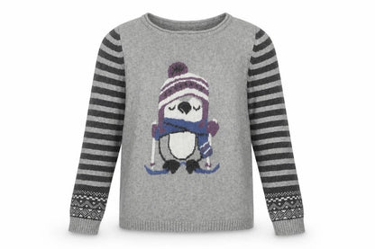 Front view of Mantaray girls’ grey penguin jumper - 12 years