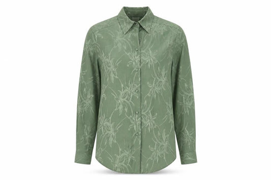 Front view of Canda Women's Green Floral Button-Up Shirt, size 10