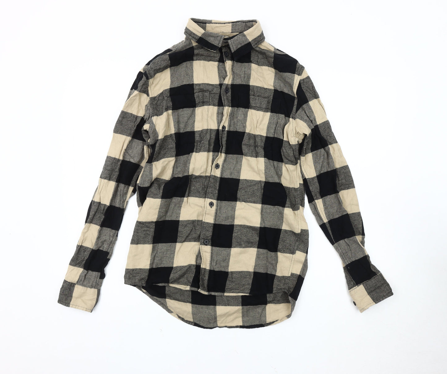 H&M Men XS Black Beige Check Cotton Shirt