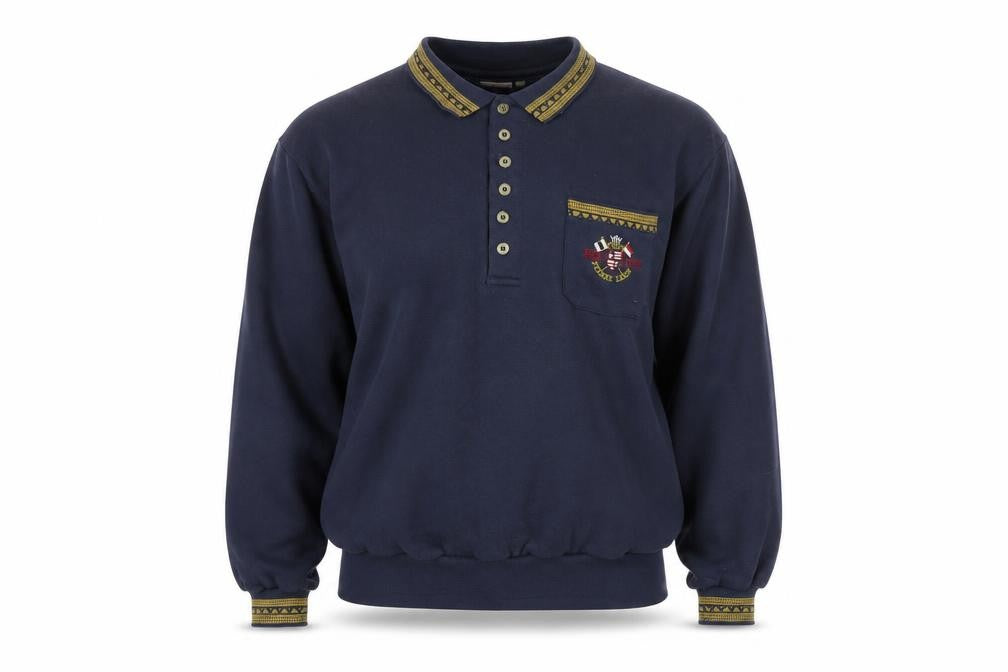 Front view of Pierre Leon Blue unisex henley sweatshirt xl