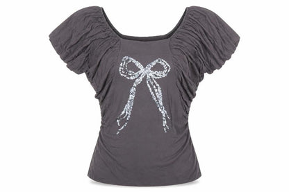 Karinna Grey Women's Top Size 14 with Bow Accent