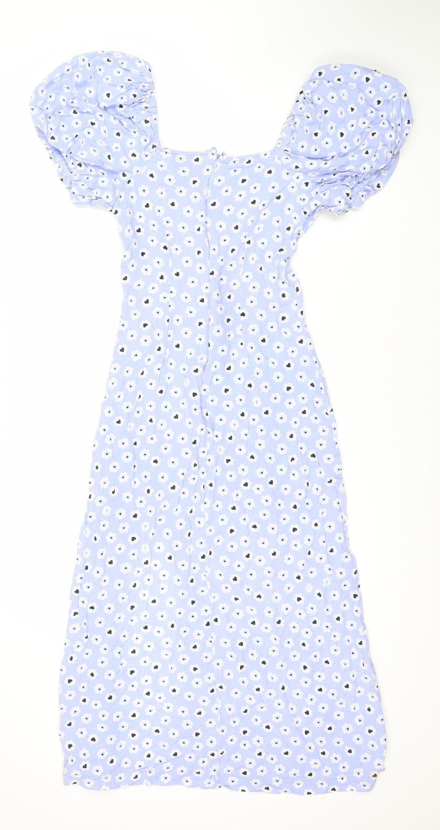 Miss Selfridge Women's Blue Floral Puff Sleeve Dress, Size 10, Knee Length