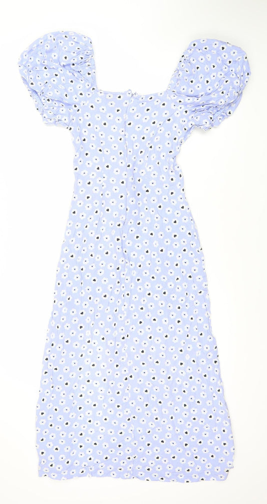 Miss Selfridge Women's Blue Floral Puff Sleeve Dress, Size 10, Knee Length