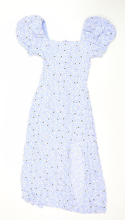 Miss Selfridge Women's Blue Floral Puff Sleeve Dress, Size 10, Knee Length