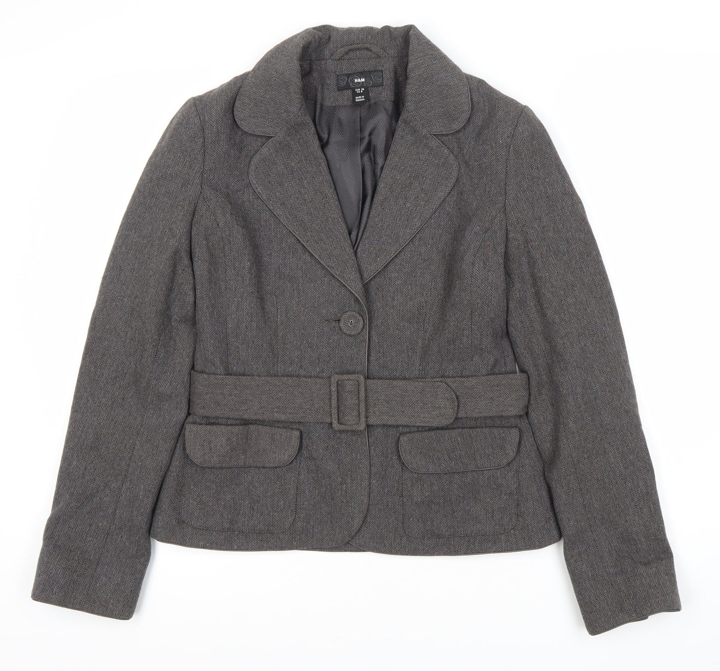 H&M Women's Grey Herringbone Belted Suit Jacket Size 8
