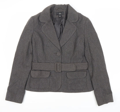 H&M Women's Grey Herringbone Belted Suit Jacket Size 8