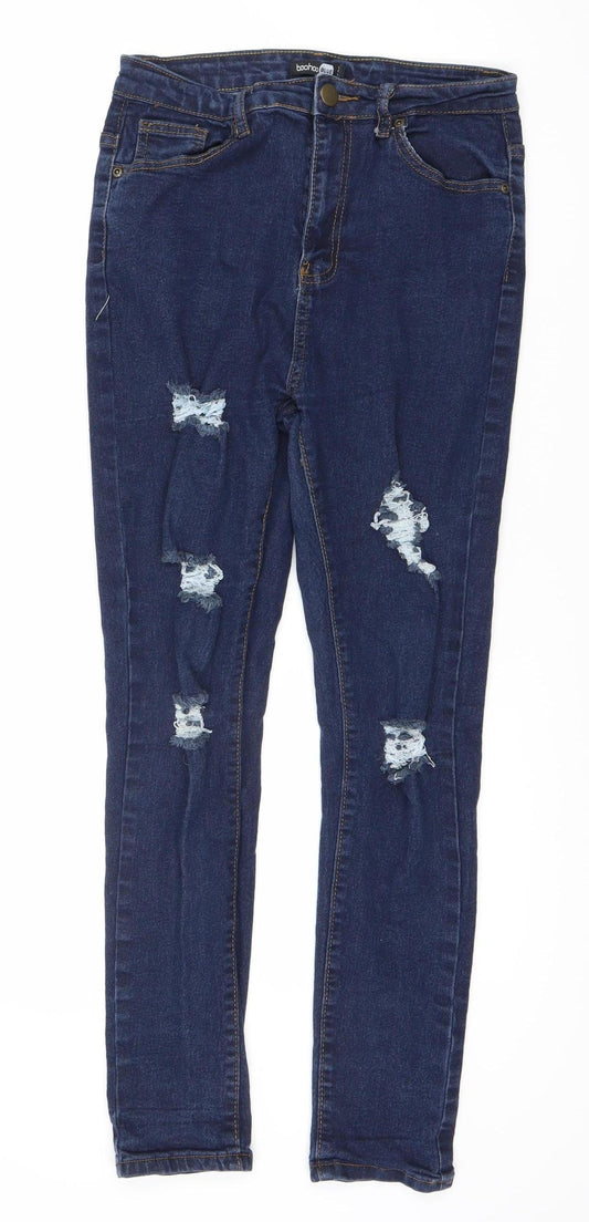 Boohoo Women’s Blue Distressed Skinny Jeans, Size 10