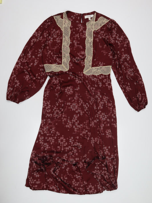 Per Una Women's Red A-Line Floral Lace Midi Dress Size 12