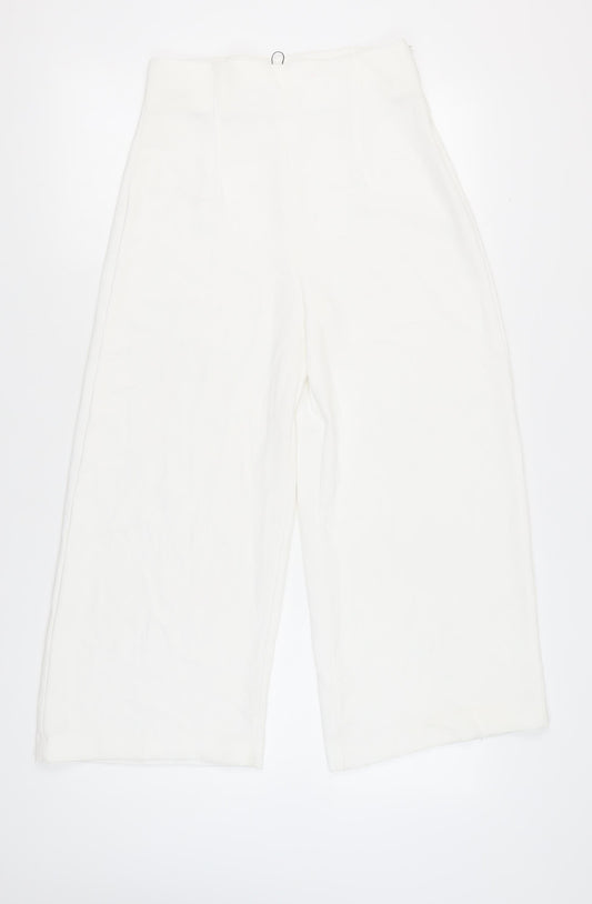 Womens UK Size M Zara Regular Fit Wide-Leg White Trousers