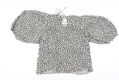 H&M Women's Ivory Floral Blouse, Size S, Puff Sleeve