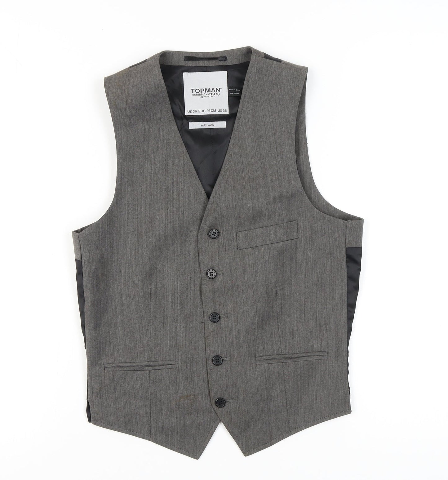 Mens UK Size 36 Topman Regular Grey Suit Waistcoat