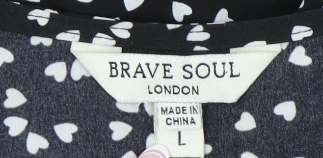 Brave Soul Women's Black Heart Pattern V-Neck Dress L