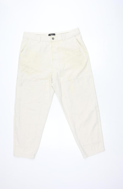 Bershka Women's Ivory Relaxed Cotton Trousers