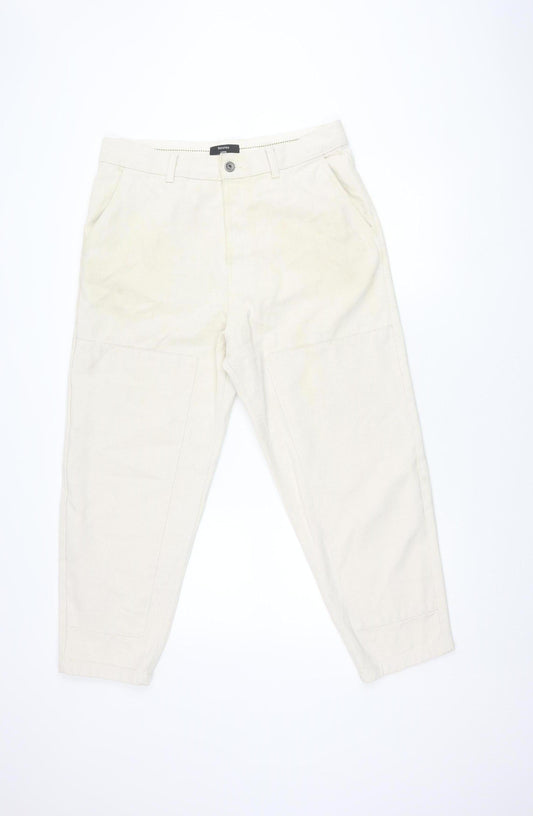 Bershka Women's Ivory Relaxed Cotton Trousers