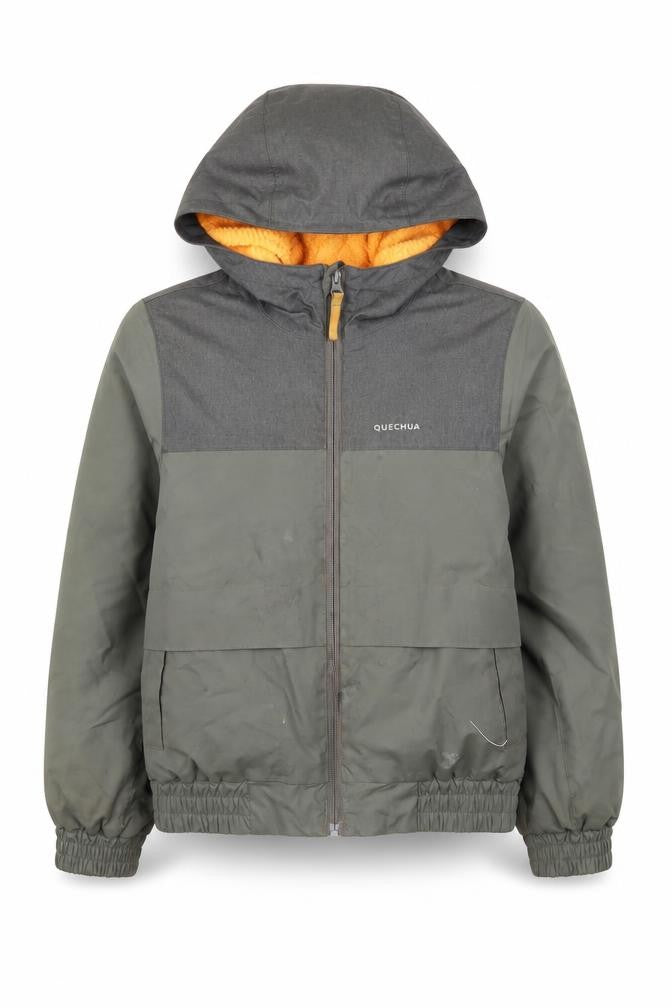 Front view of Quechua boys’ green hooded windbreaker jacket, size 7-8, years