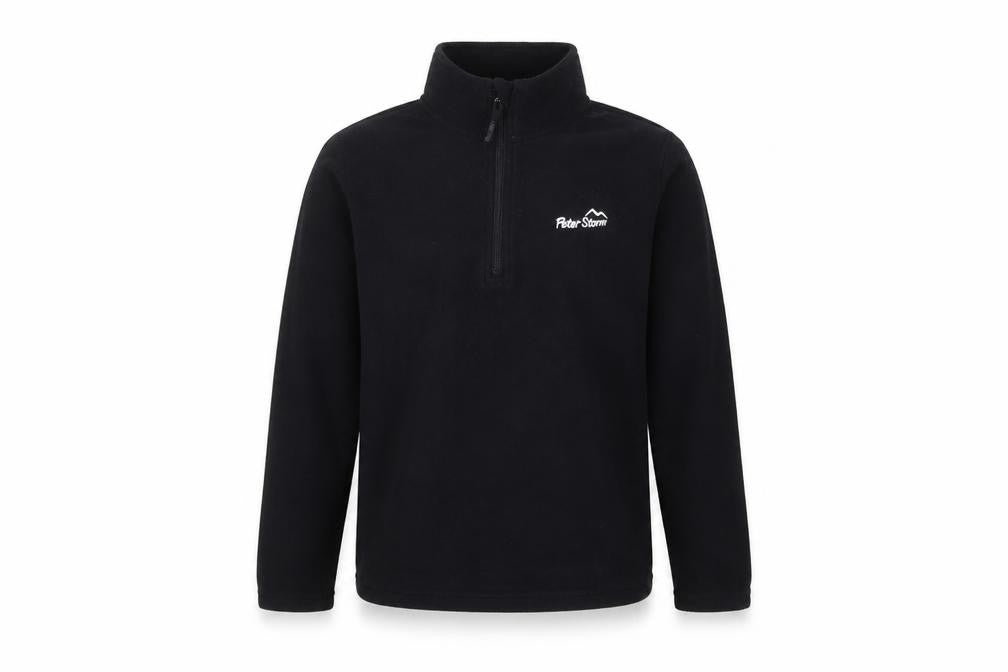 Front view of Peter Storm boys’ black fleece 1/2 zip sweatshirt, size 7-8