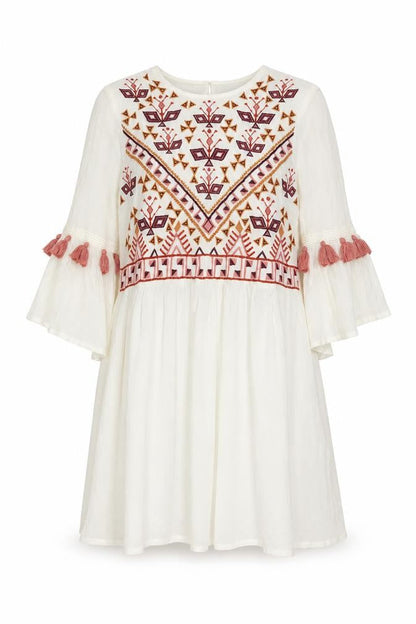 YAS Women's Ivory Embroidered Tunic Dress XS 3/4 Sleeve
