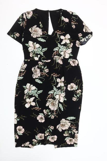 Oasis Women's Black Floral Knee Length Shift Dress, Size 14