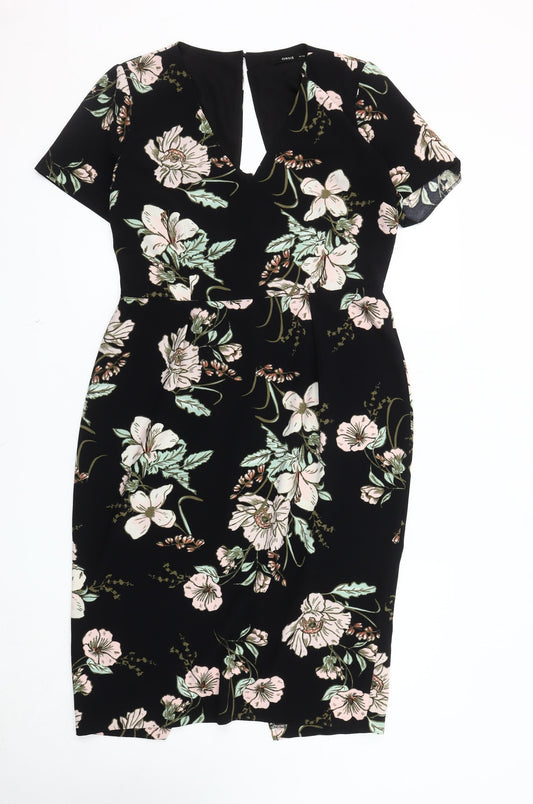 Oasis Women's Black Floral Knee Length Shift Dress, Size 14