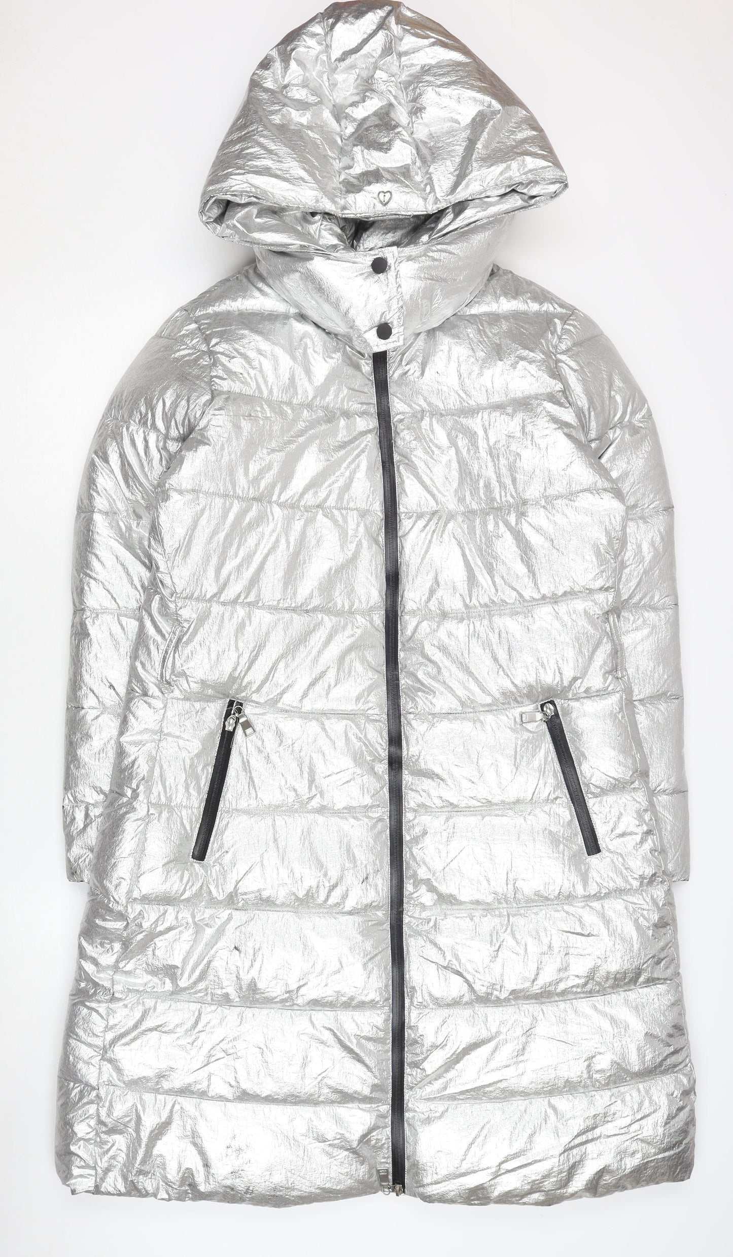 MY TWIN TWINSET Women's Silver Puffer Coat M Hooded Winter