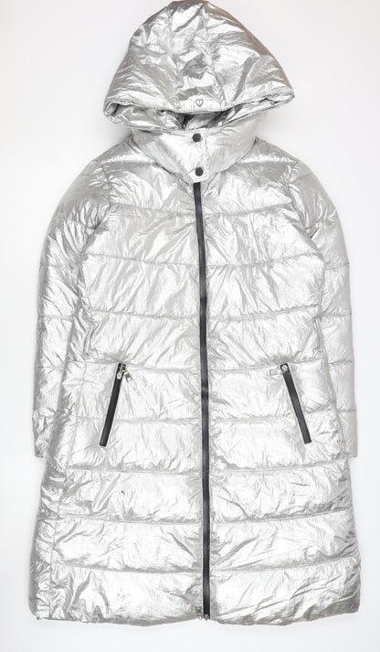 MY TWIN TWINSET Women's Silver Puffer Coat M Hooded Winter