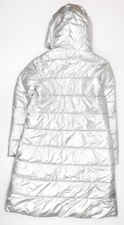 MY TWIN TWINSET Women's Silver Puffer Coat M Hooded Winter