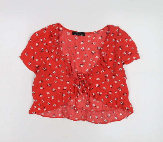 Bershka Women's Red Floral Ruffle Tie Shirt, Size M