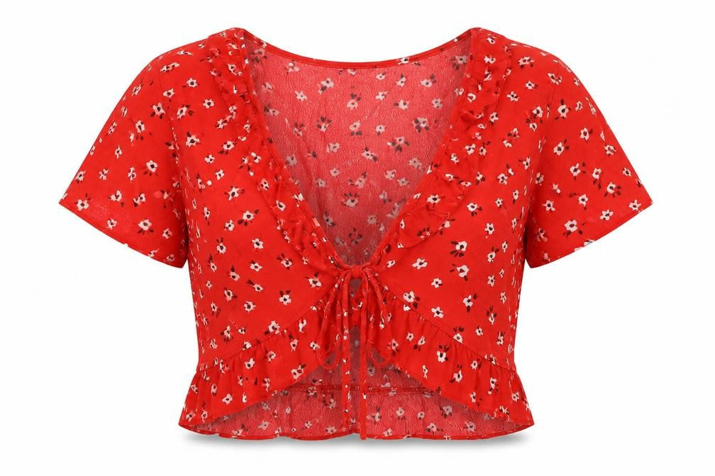 Womens UK Size M Bershka Red Cropped Blouse