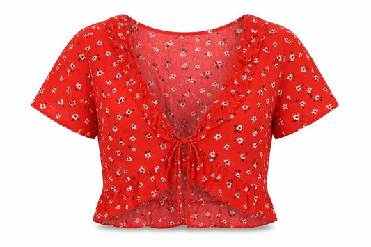 Womens UK Size M Bershka Red Cropped Blouse