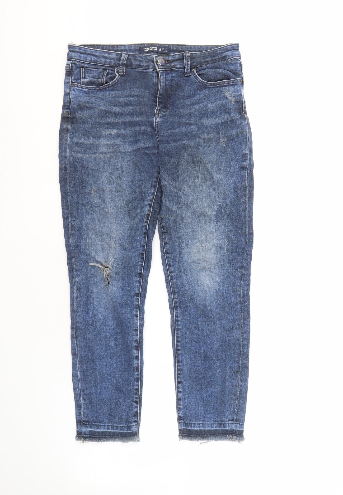 Zara Women's Blue Boyfriend Jeans - Size 8, Distressed