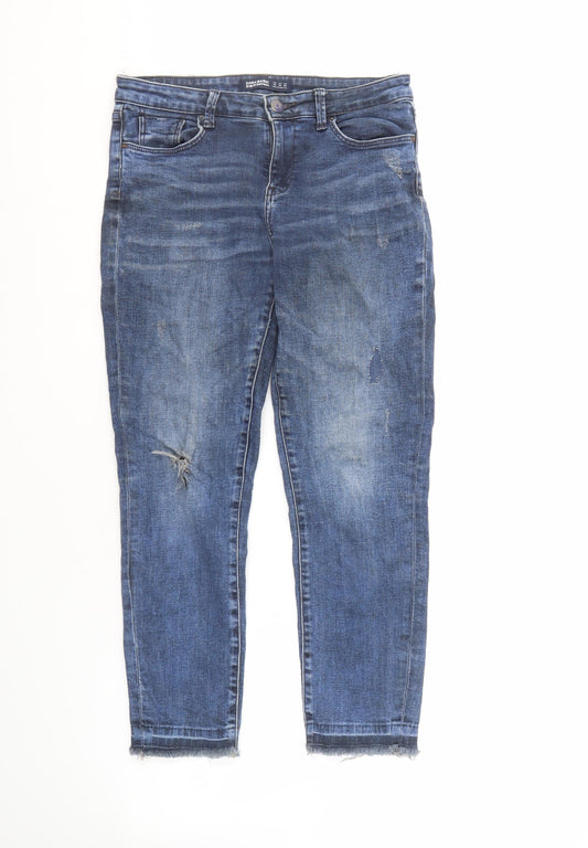 Zara Women's Blue Boyfriend Jeans - Size 8, Distressed