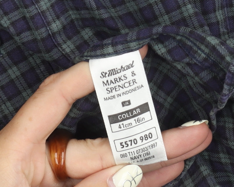 Marks and Spencer Men's Navy Check Shirt Size 16